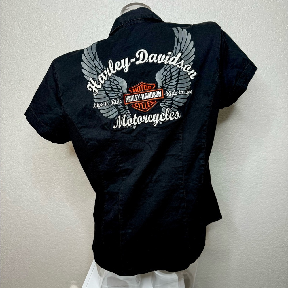 Harley Davidson Vintage zip up collared V-Neck Shirt Size Large Black and Orange